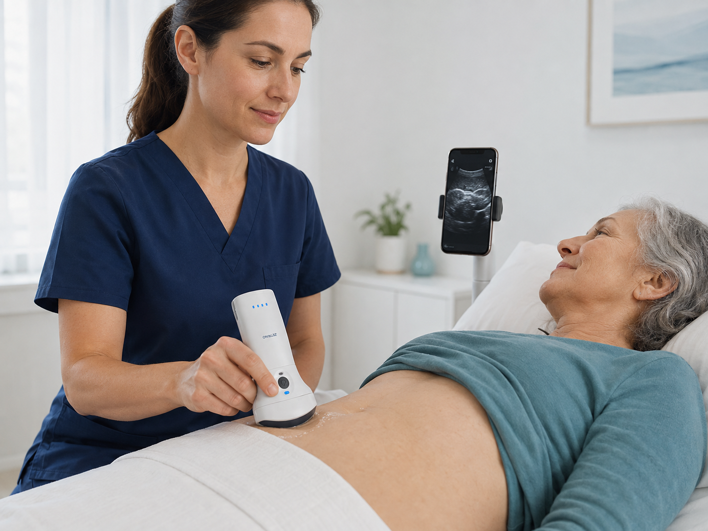 Clinician using the Triad X9 probe on a patient's bare abdomen with a phone display