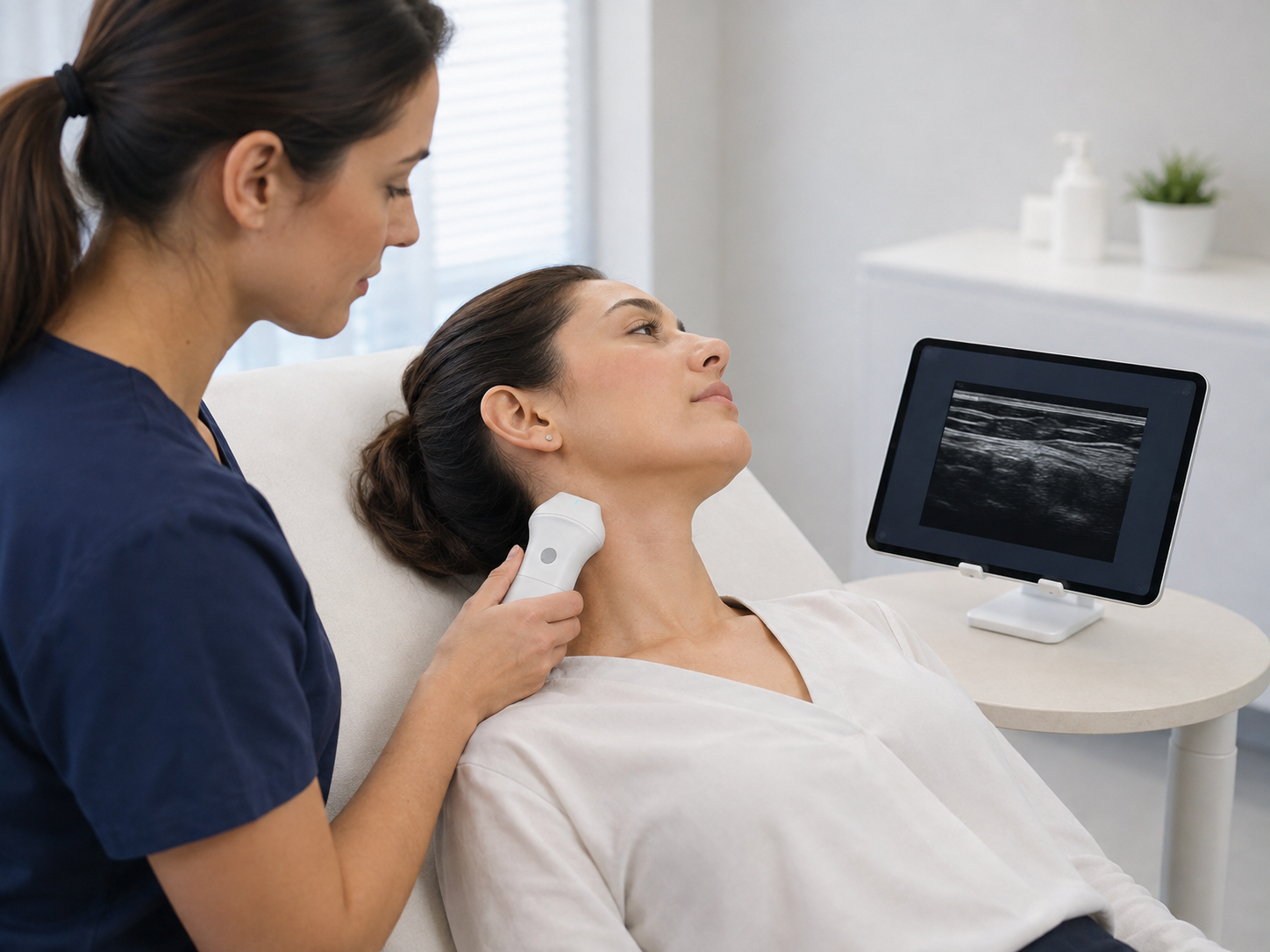 Clinician using the Detail X9 probe on a patient's bare neck with a tablet display