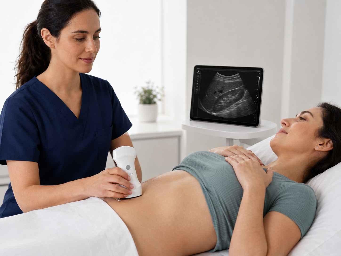Clinician using the Arc X9 probe on a patient's bare abdomen with a tablet display