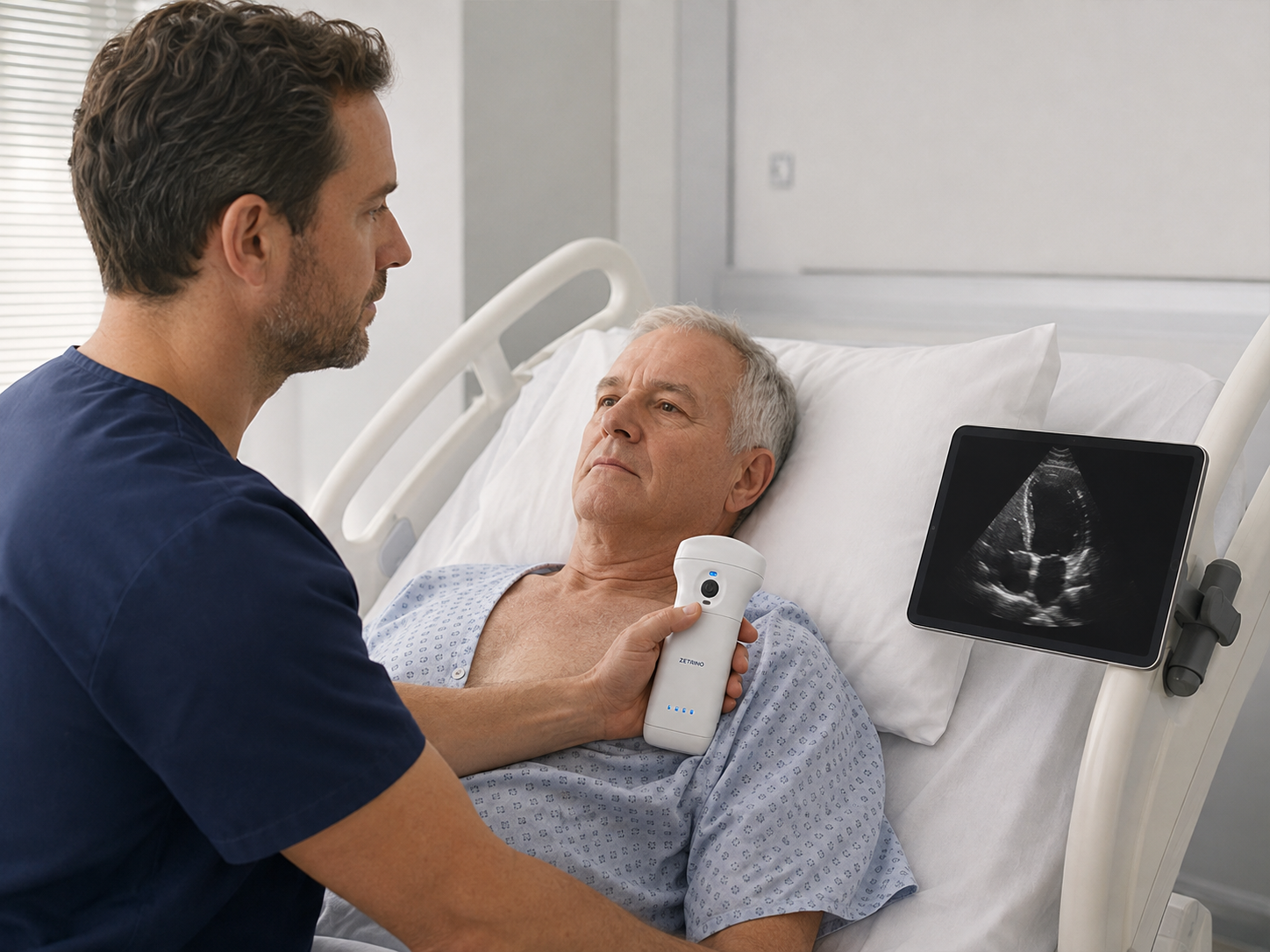 Clinician using the Triad X9 probe on a patient's bare chest with a tablet display