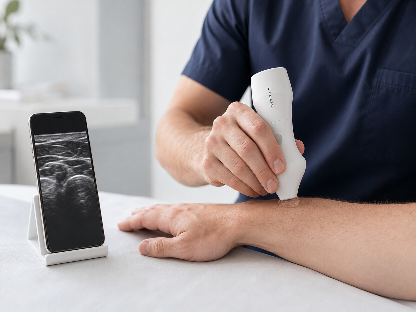 Clinician using the Micro X9 probe on a patient's bare forearm with a phone display