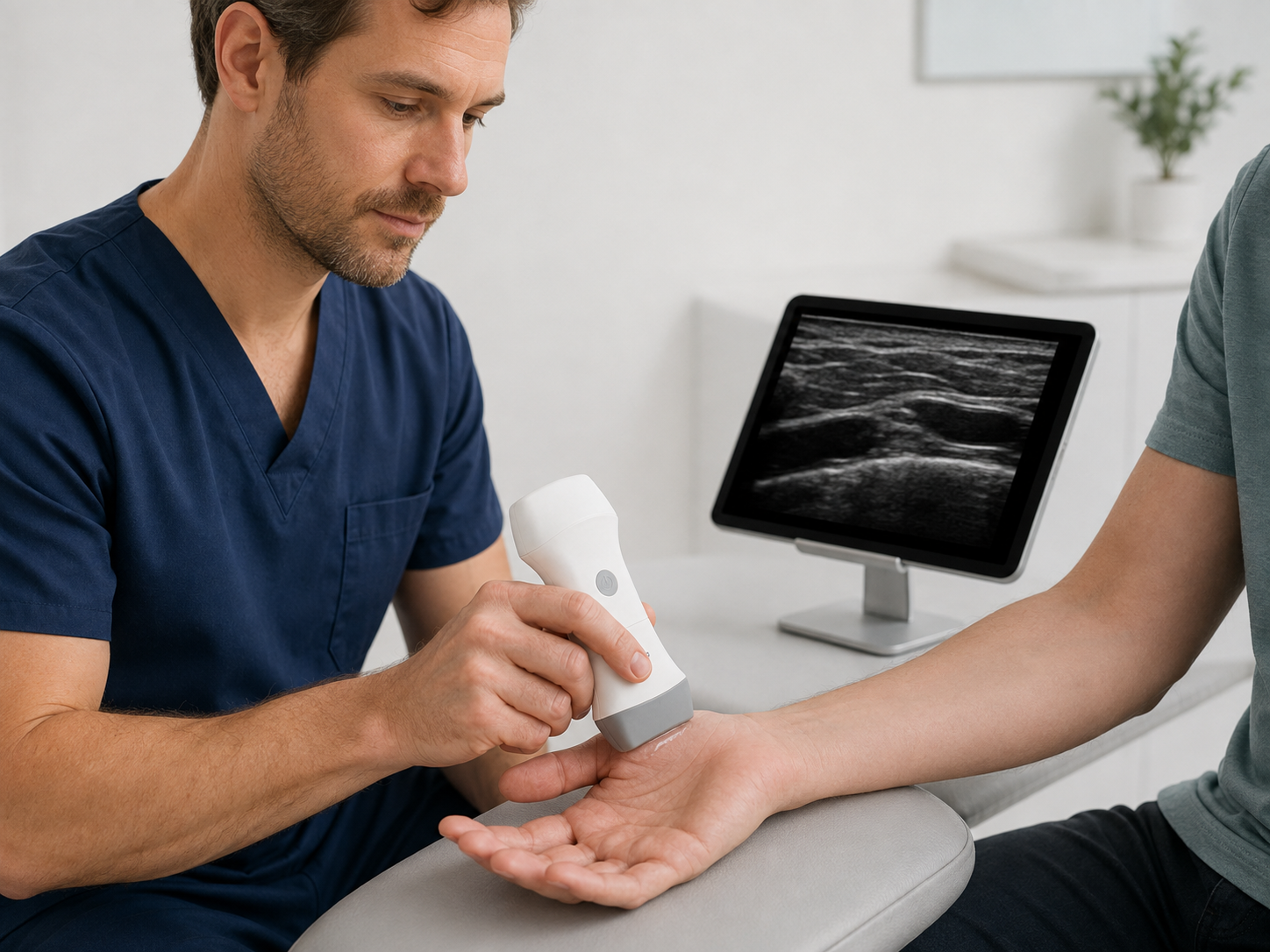 Clinician using the Linear X9 probe on a patient's bare wrist with a tablet display