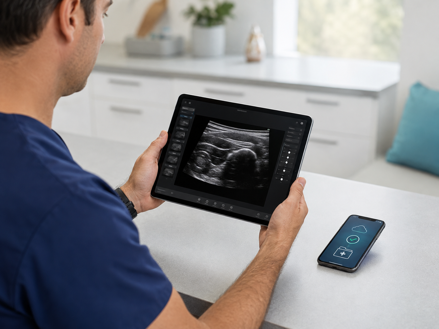 Clinician reviewing an ultrasound study on a tablet beside a phone showing a secure sharing status