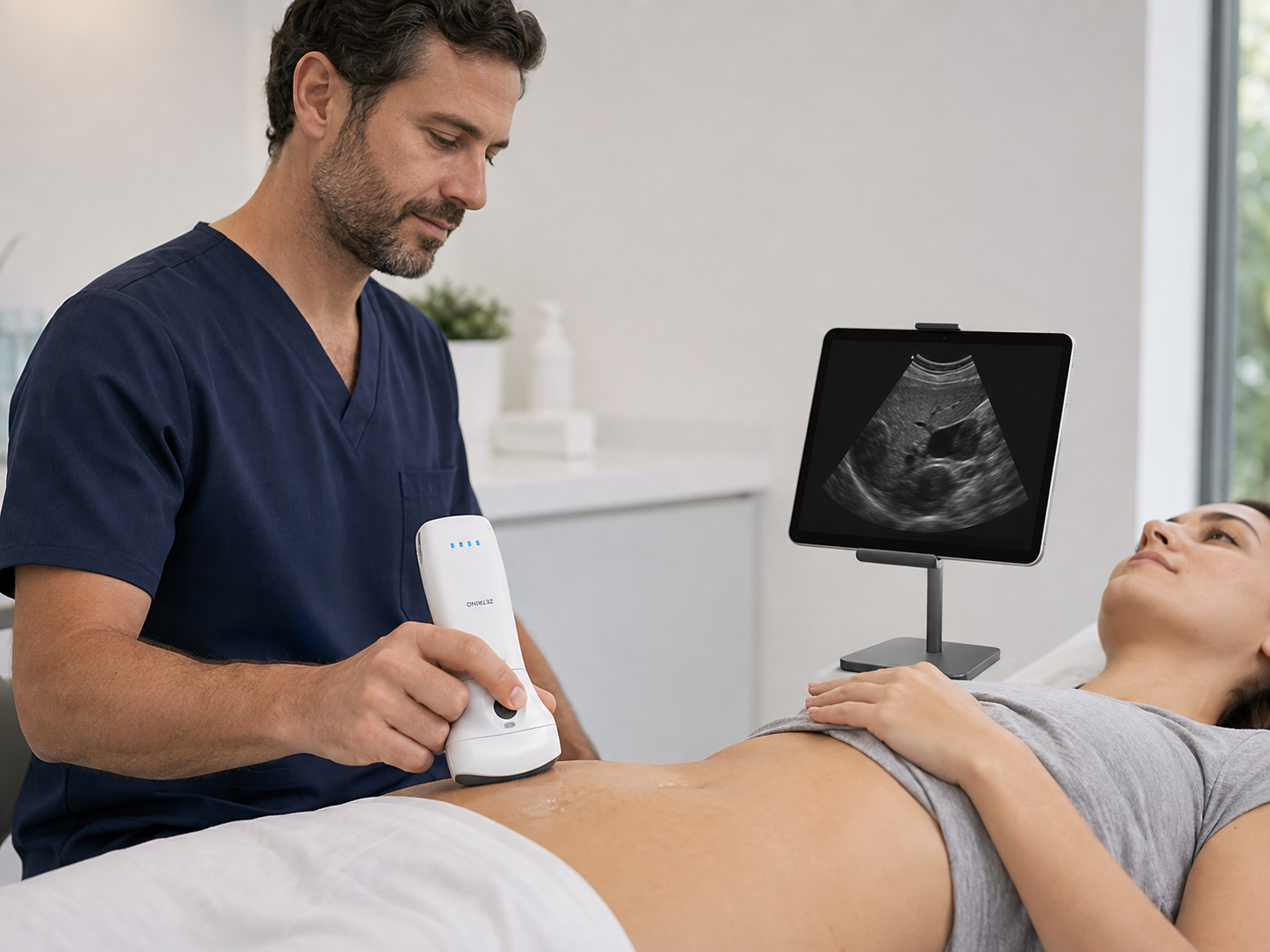 Clinician using a wireless ultrasound probe on bare skin with a tablet display