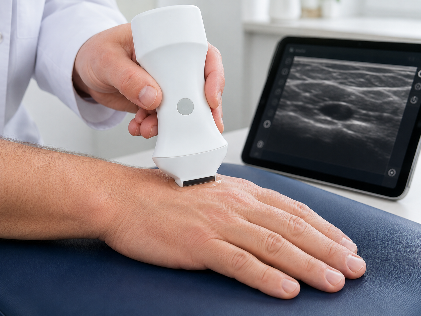 Illustrative narrow-footprint wireless ultrasound workflow on exposed hand skin with a tablet display