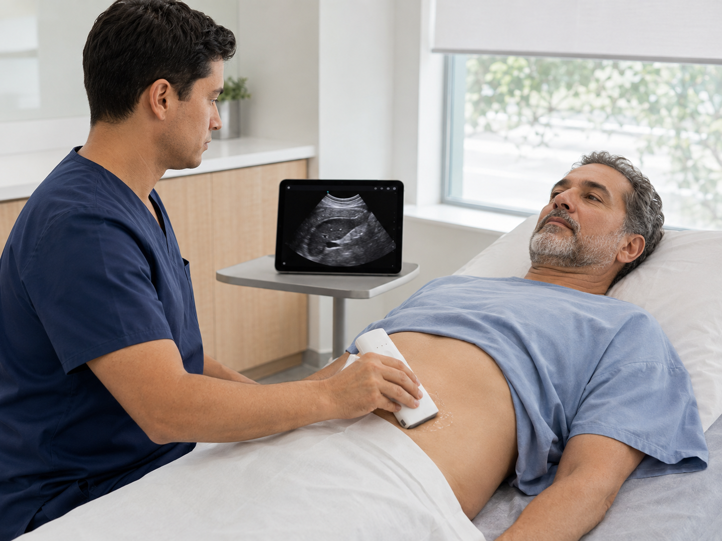 Clinician using a multi-array wireless ultrasound probe on exposed abdominal skin with a tablet display