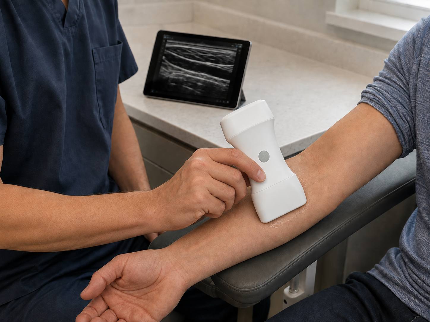 Clinician applying a wireless linear ultrasound probe to exposed forearm skin while viewing a tablet