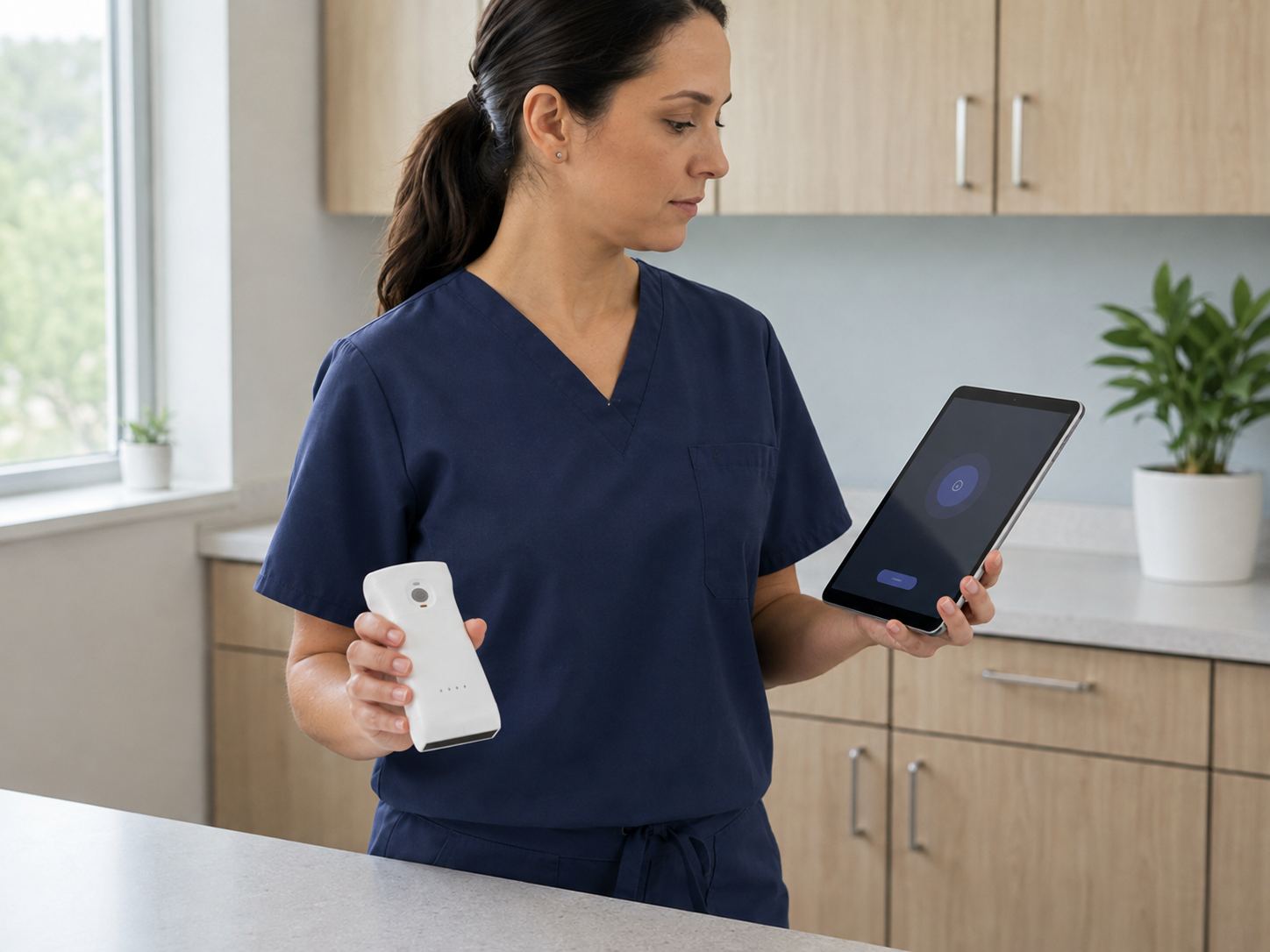 Clinician holding a Zetrino wireless ultrasound probe and tablet with an imaging interface