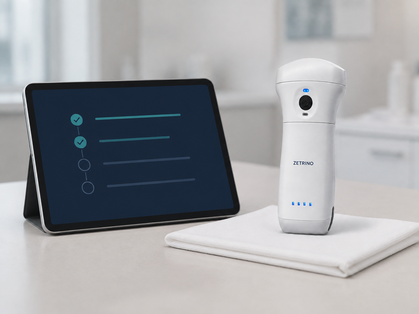 Zetrino wireless ultrasound probe beside a tablet displaying a setup checklist